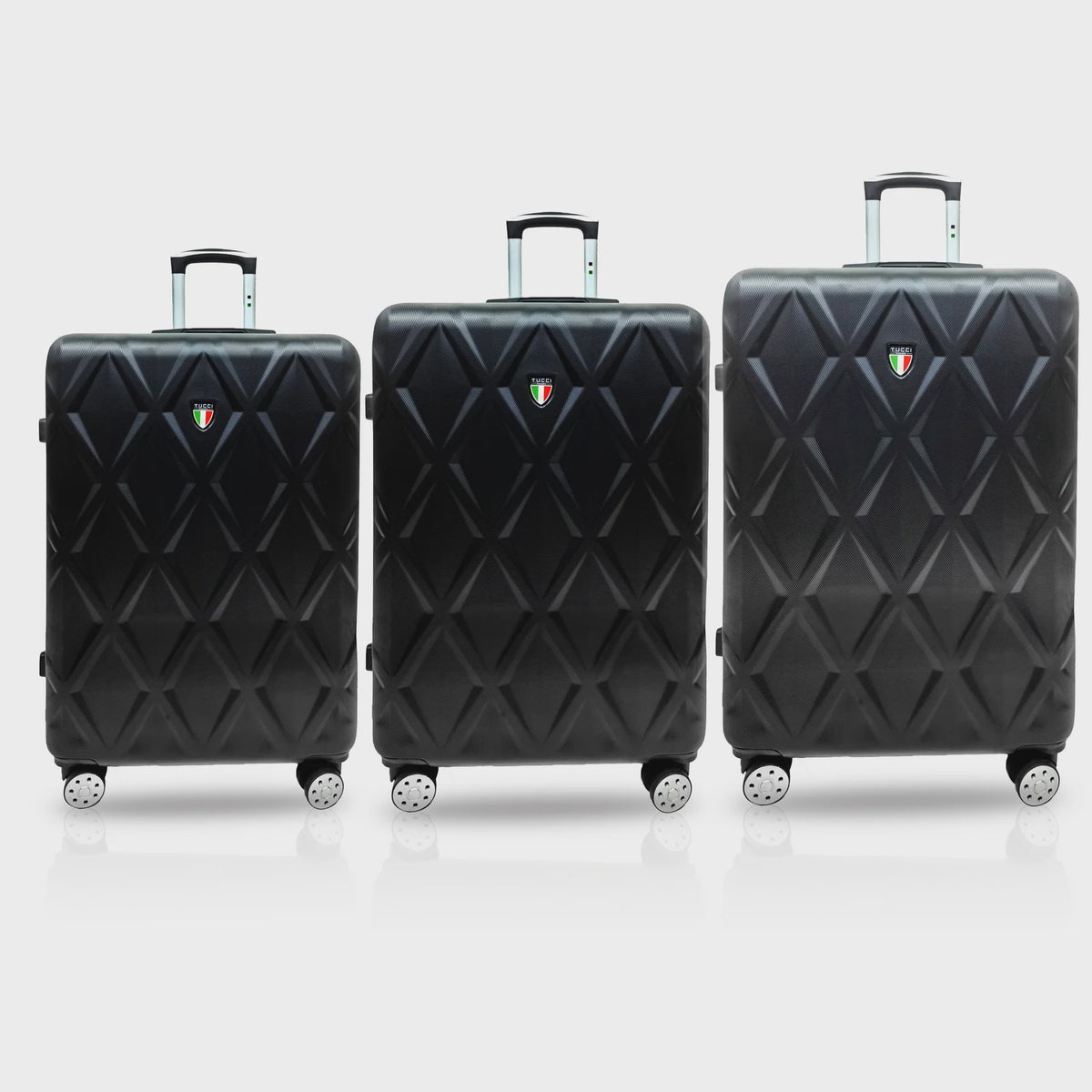 TUCCI ITALY Luggage Suitcase 3PCS Set Alveare T0328-03PC-BLK 20" + 24" + 28" ABS Hard Cover 4 Wheel Spinner Black