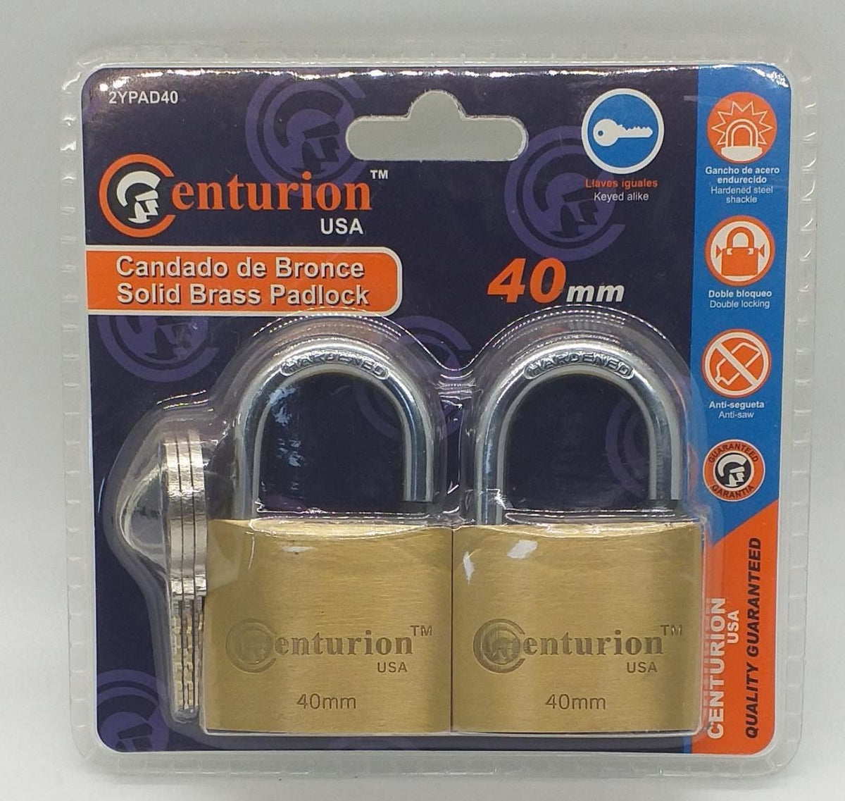 CENTURION Padlock 2PCS-40MM Brass 2YPAD40 Key A Like
