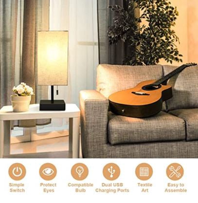 HOKEKI Table Lamp Modern Black with Cream Shade USB Port