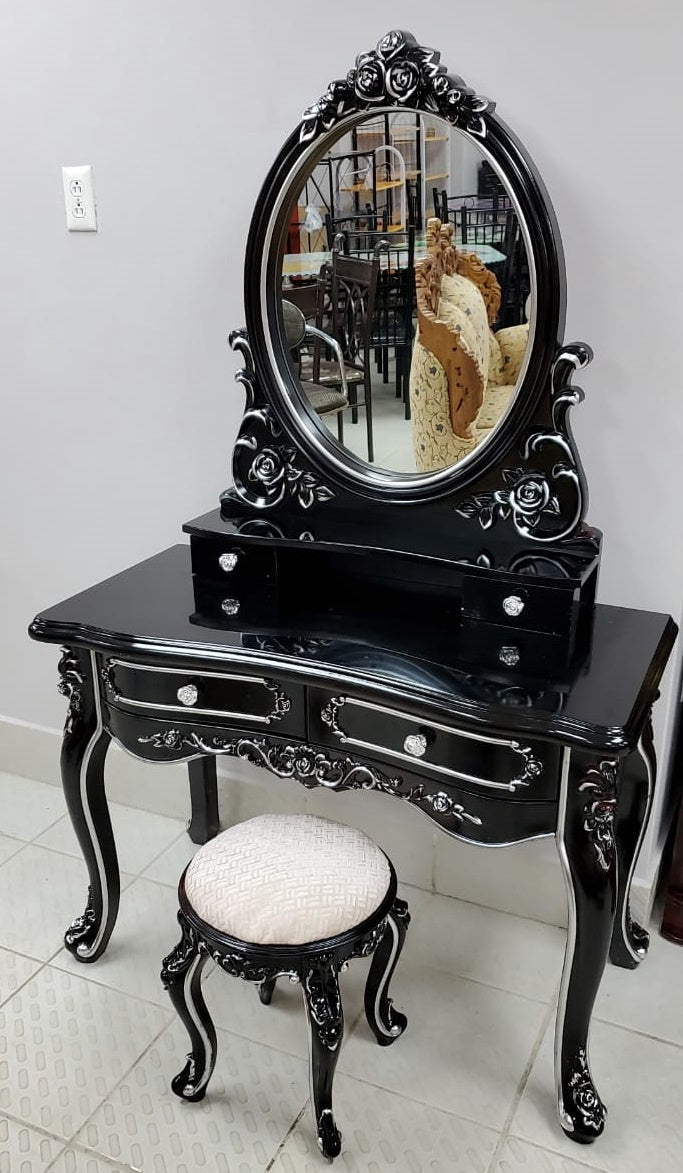 Dresser with Mirror & Seat 601 Black and Silver