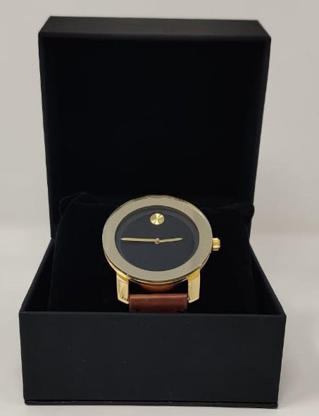 GENERIC Watch Fashion Men Gold with Brown Leather Smooth Strap