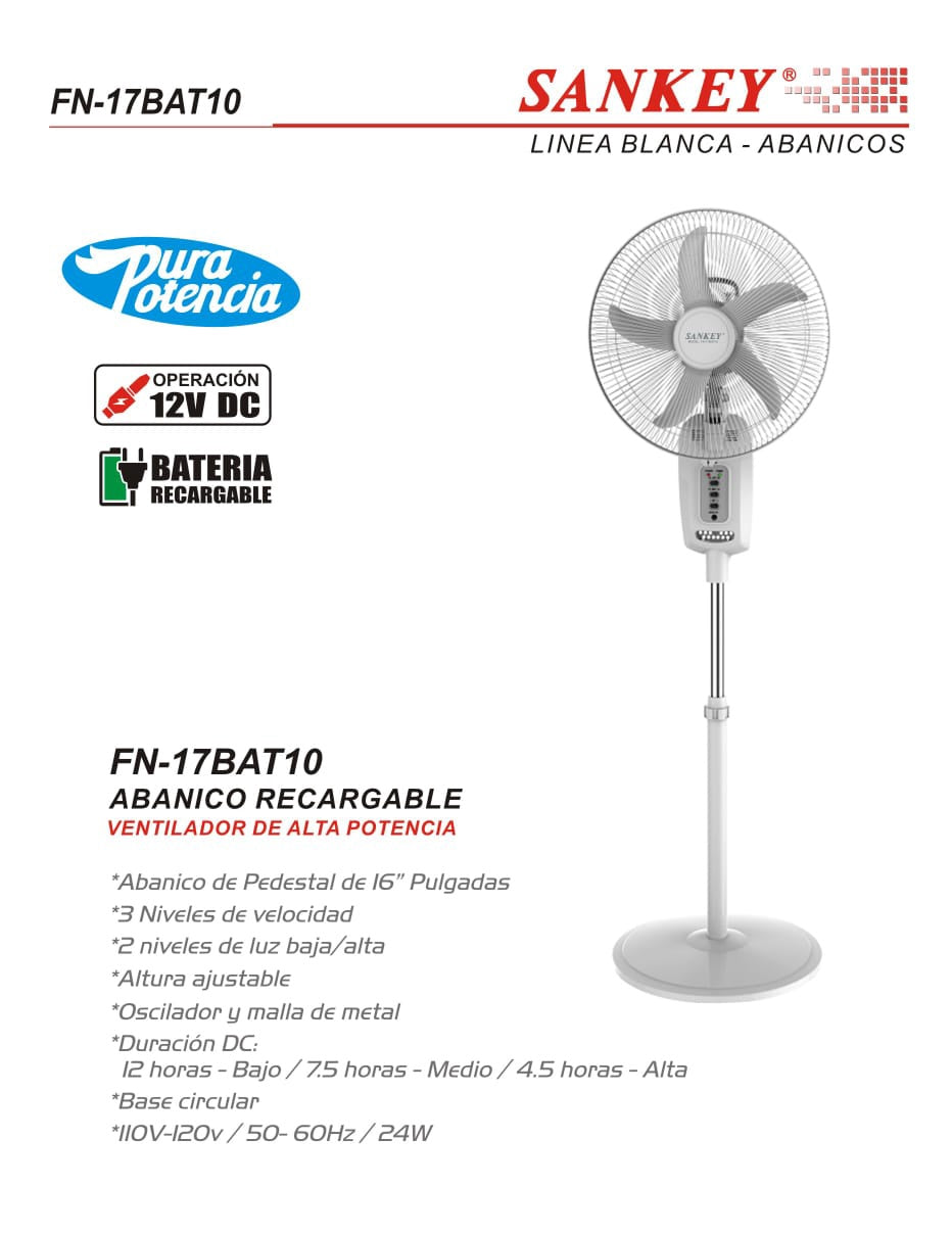 SANKEY Fan 16" FN-17BAT10 Rechargeable Floor