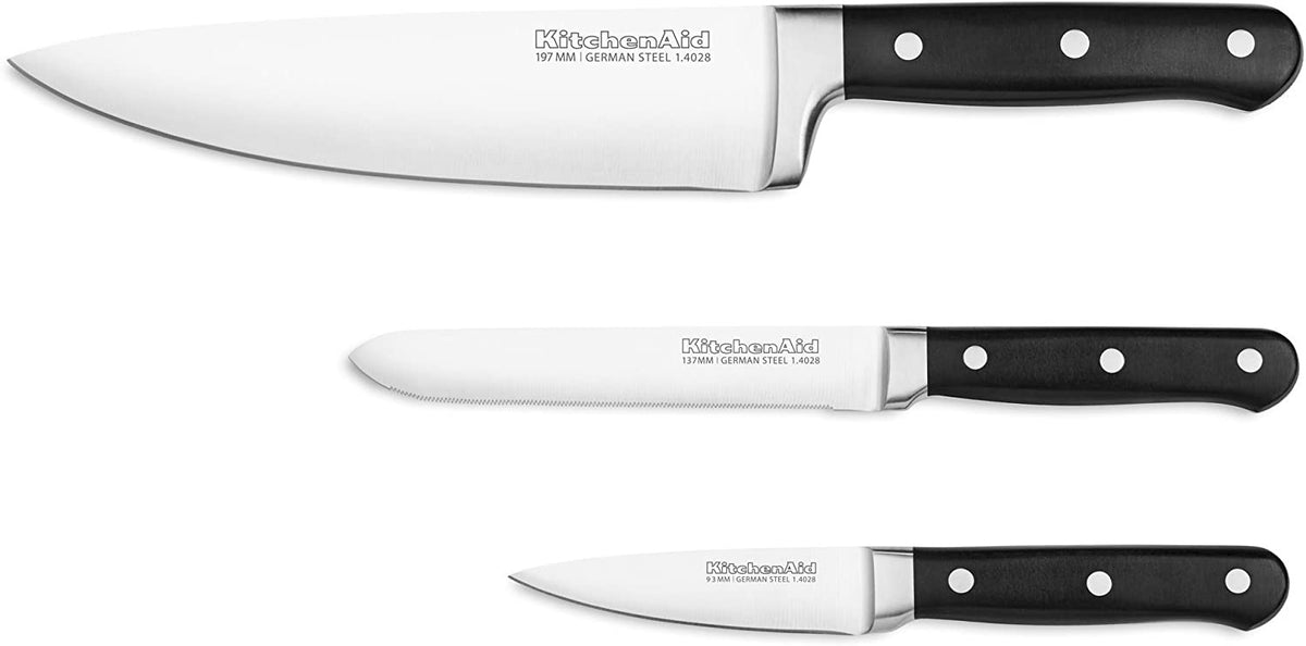 KITCHENAID Knife Set KKFTR3SSOB 3PCS Classic Forged Starter Triple Rivet Cutlery Onyx Black 1Y