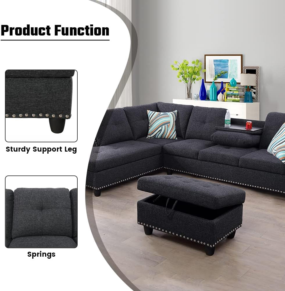 Sofa Sectional Modern W/ Cup Holder & Ottoman Grey 4031A