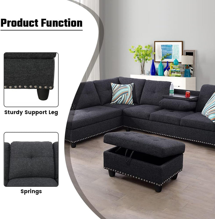 Sofa Sectional Modern W/ Cup Holder & Ottoman Grey 4031A
