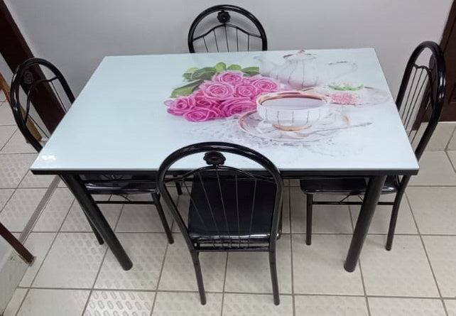 Glass Dining Table A31-M88-5 with 4 Chair Set Pink & Green Flowers