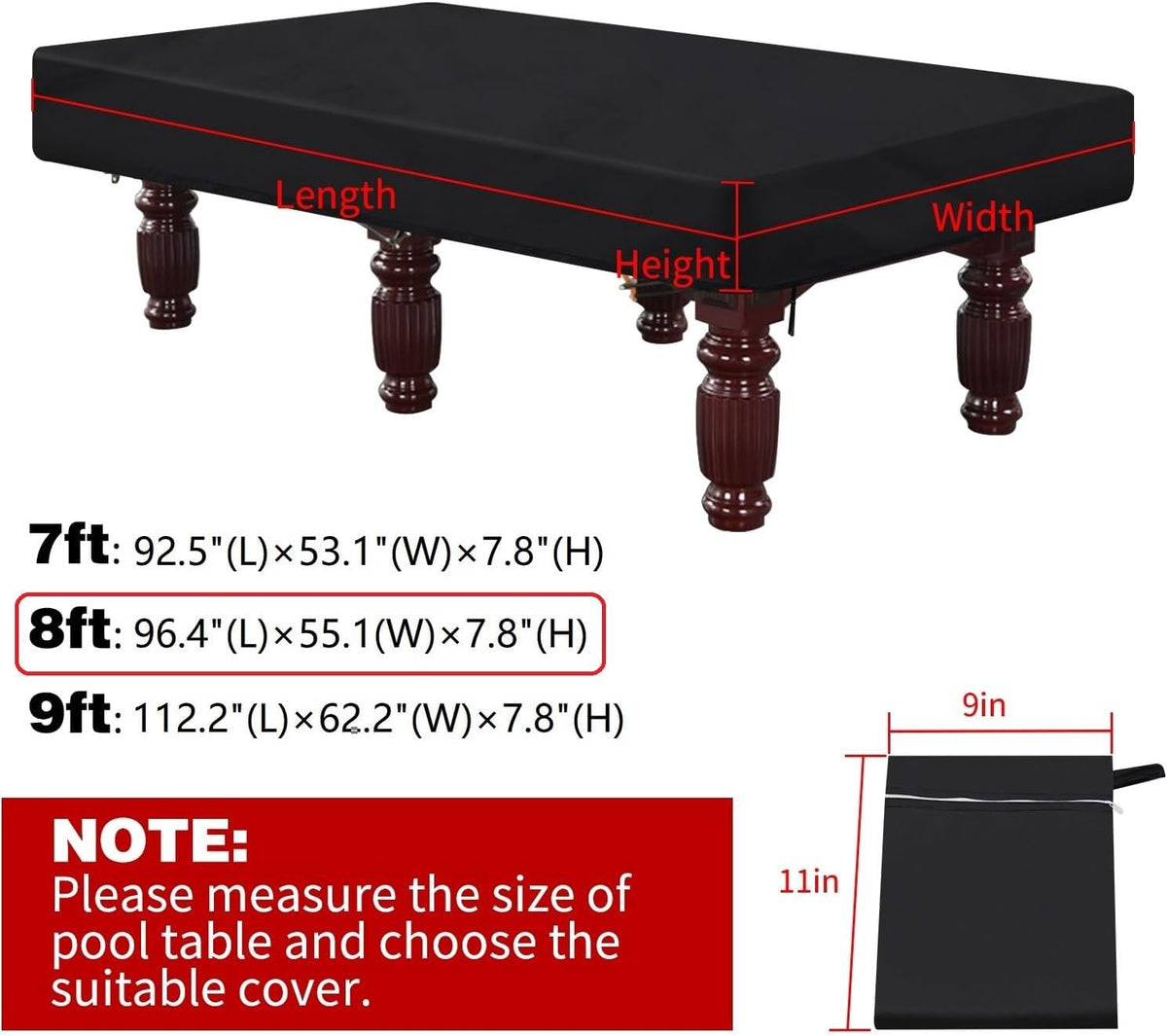 Pool Billiard Table Cover 8FT Black with Storage Bag