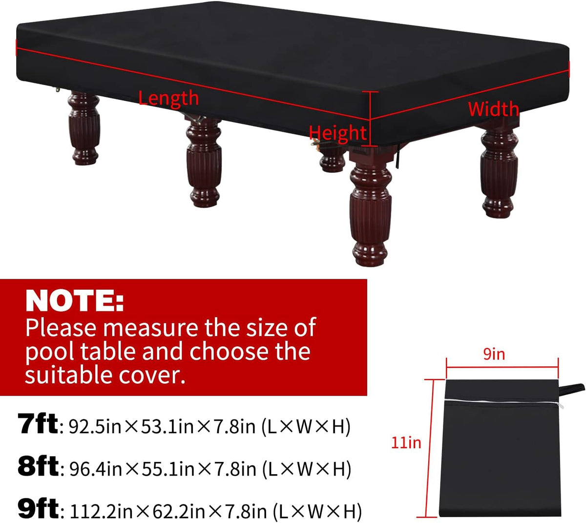 Pool Billiard Table Cover 7FT Black with Storage Bag