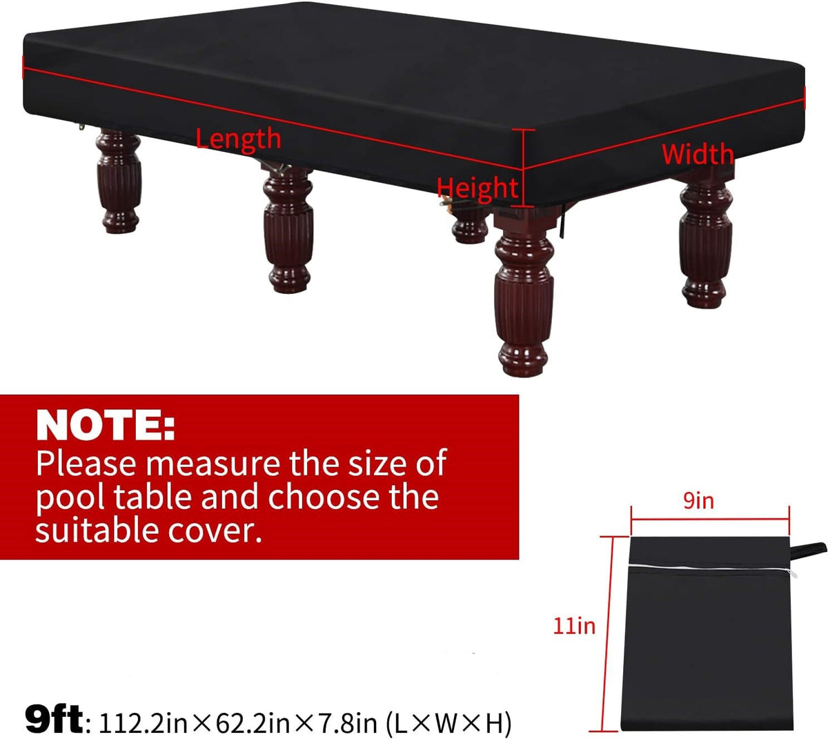 Pool Billiard Table Cover 9FT Black with Storage Bag