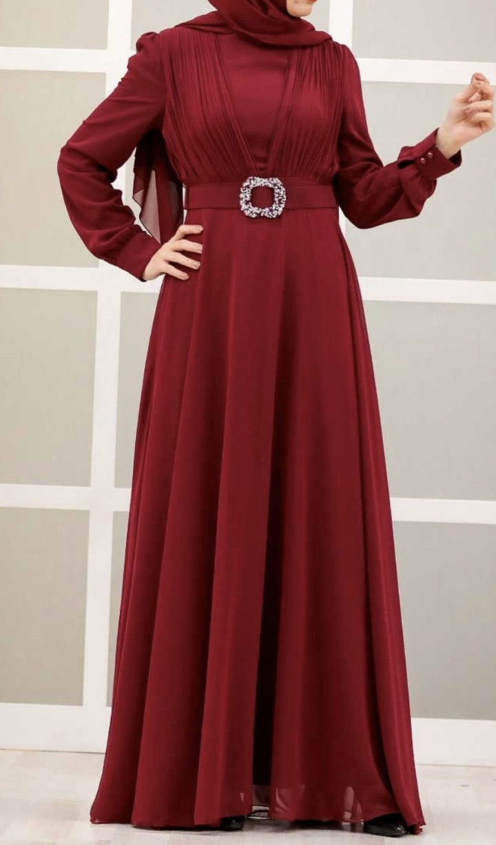 Dress Evening Chiffon Burgandy / Blush W/BELT