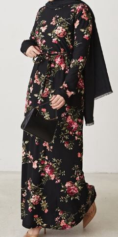Dress Floral Black W/CORAL & Green