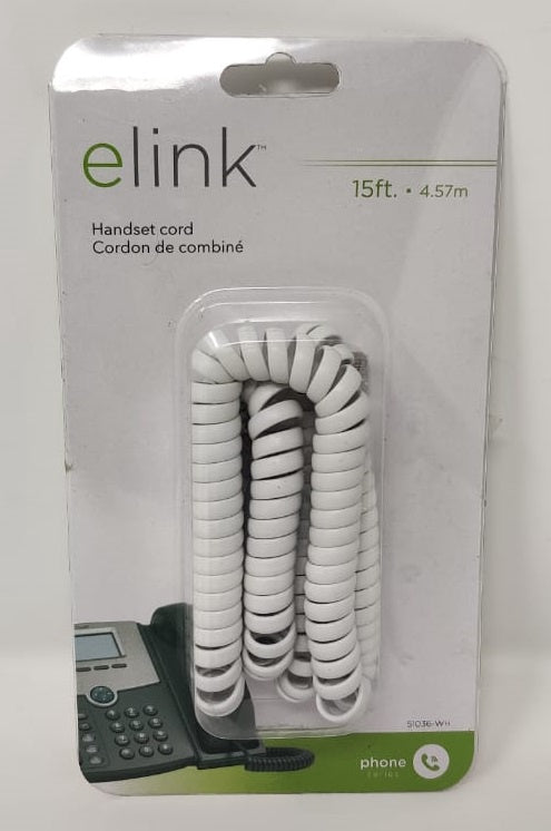 ELINK Telephone Handset Coiled Cord 15' 4.57M White 51036-WH