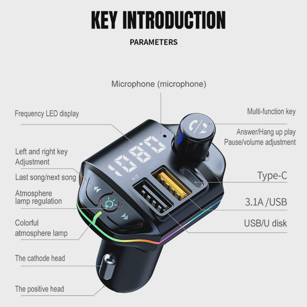 GENERIC Modulator FM ZTB-A10 Car MP3 Player and Charger USB TYPE-C Rgb Ambient Lighting QC3.0 + Pd 20W