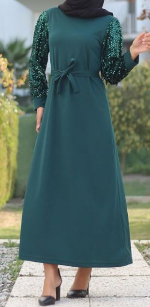 Dress Emerald Sequin Sleeve W/BAND
