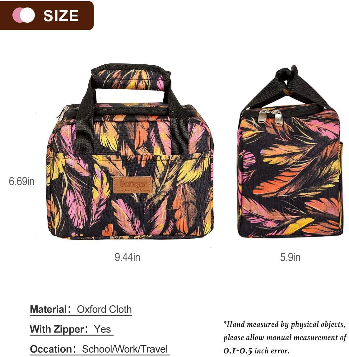 BURINGER Bag Insulated Lunch Cooler Cute Box Tote Bento Container with Front Pocket for Women Colourful Feather