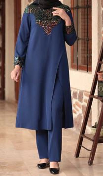 Pants Suit Set Sequin Blue Plus Size