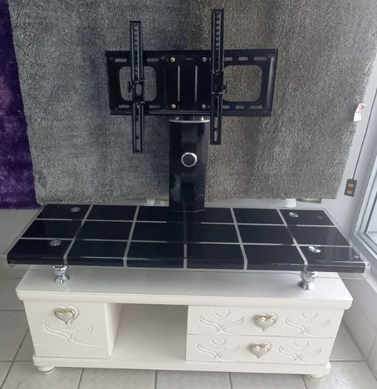 TV Stand Glass and Wood with Mount Black and White with Draw