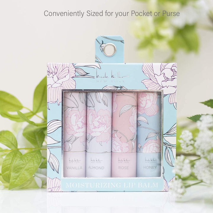 NICOLE MILLER Makeup Lip Balm 4 Pack Moisturizing for Women and Girls Vanilla, Almond, Rose & Honey