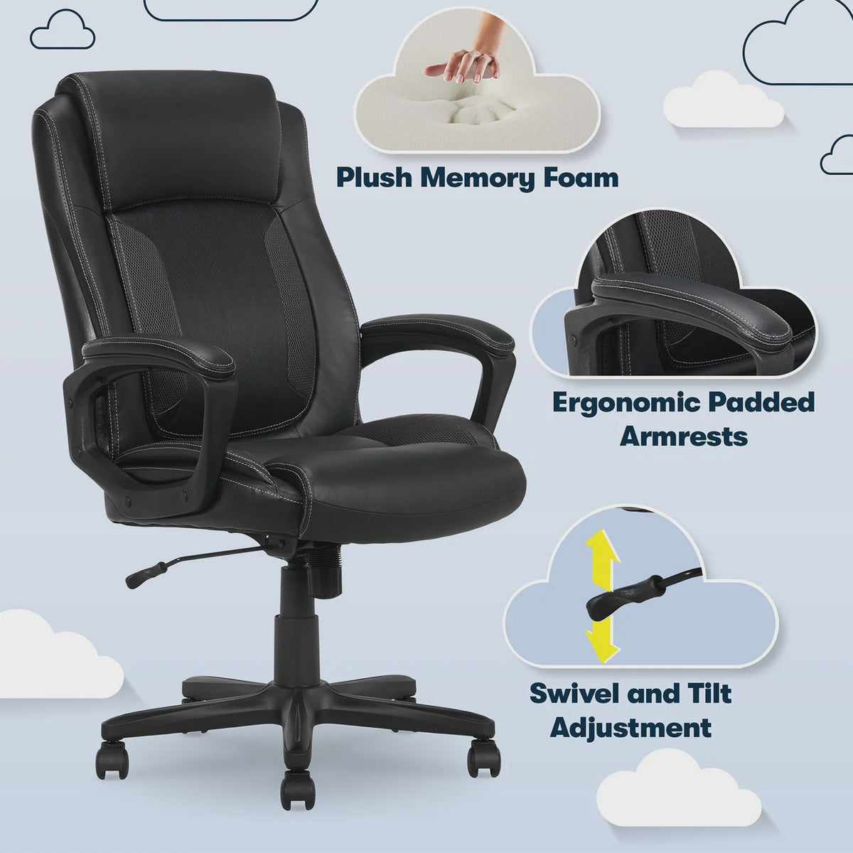 SERTA Office Chair 52332-BLK Professional Office Mesh Accents and Memory Foam