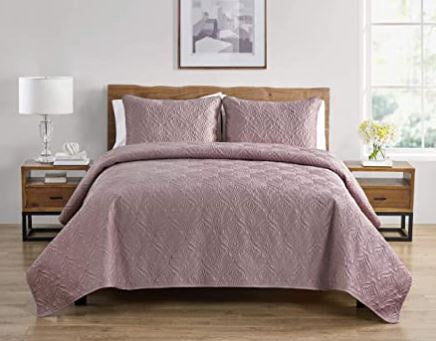 TAHARI Quilt Set Modern 3 Pcs Queen Rose Embossed Charmeuse Print