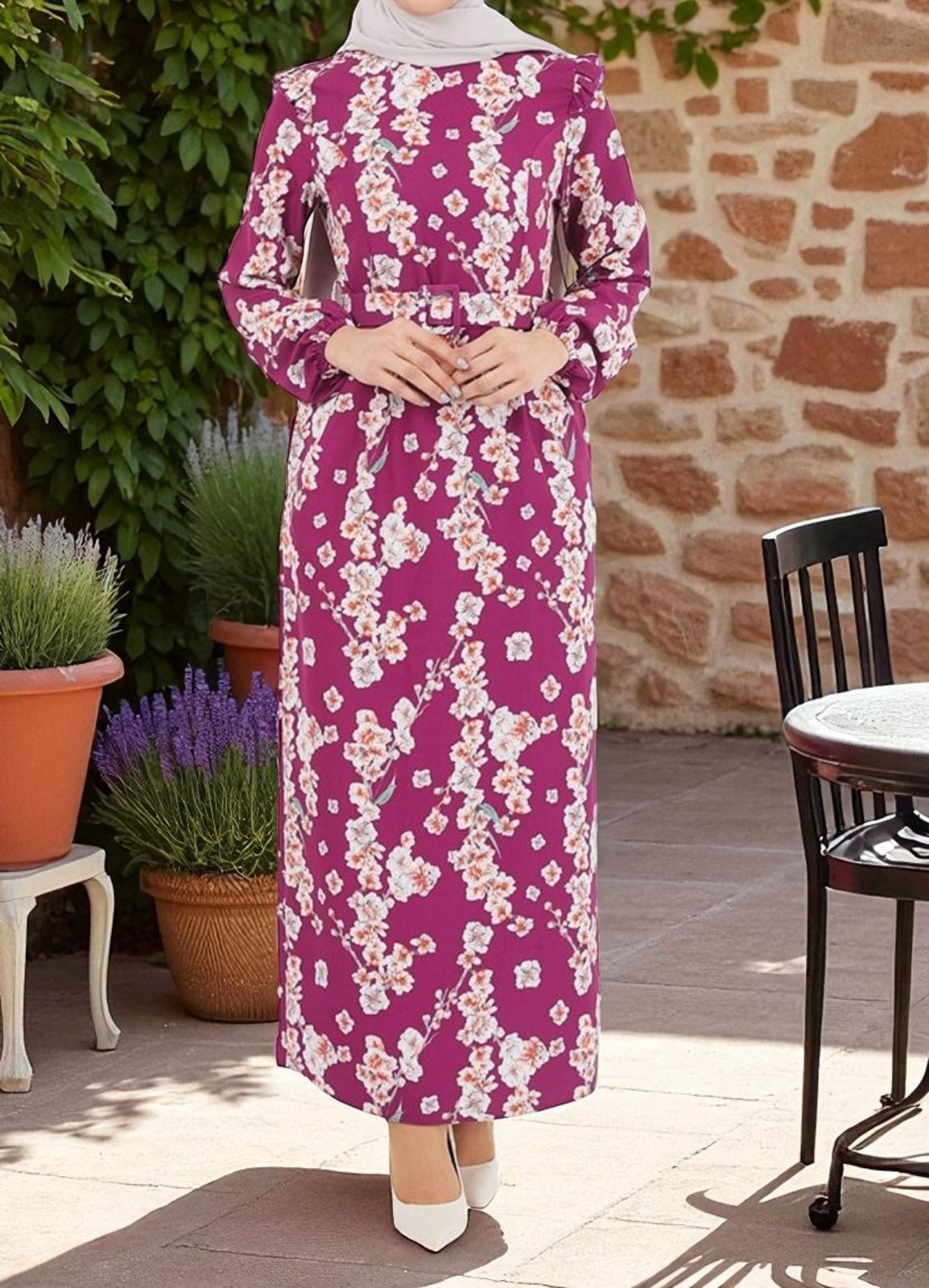 Dress Floral W/BELT Blue / Pink