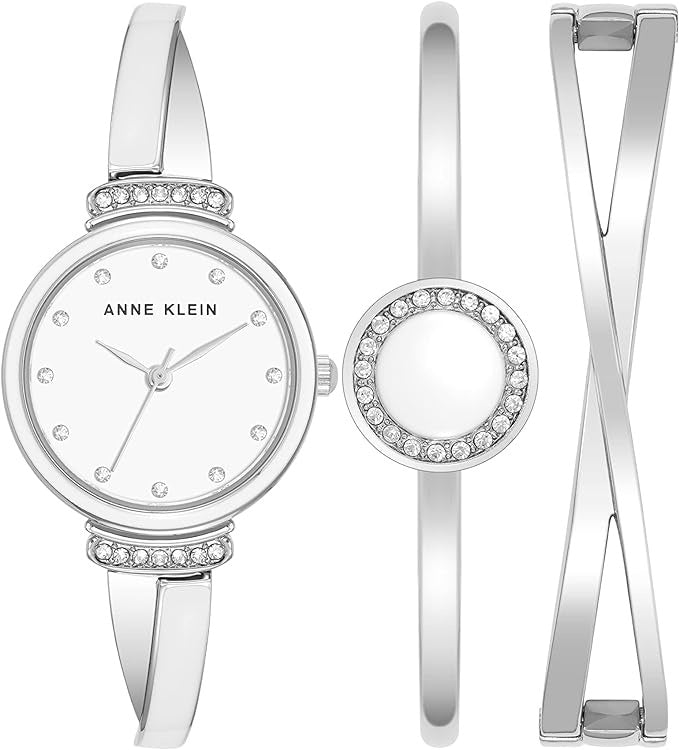 ANNE KLEIN Watch Women Crystal Accent Bangle Set Silver White