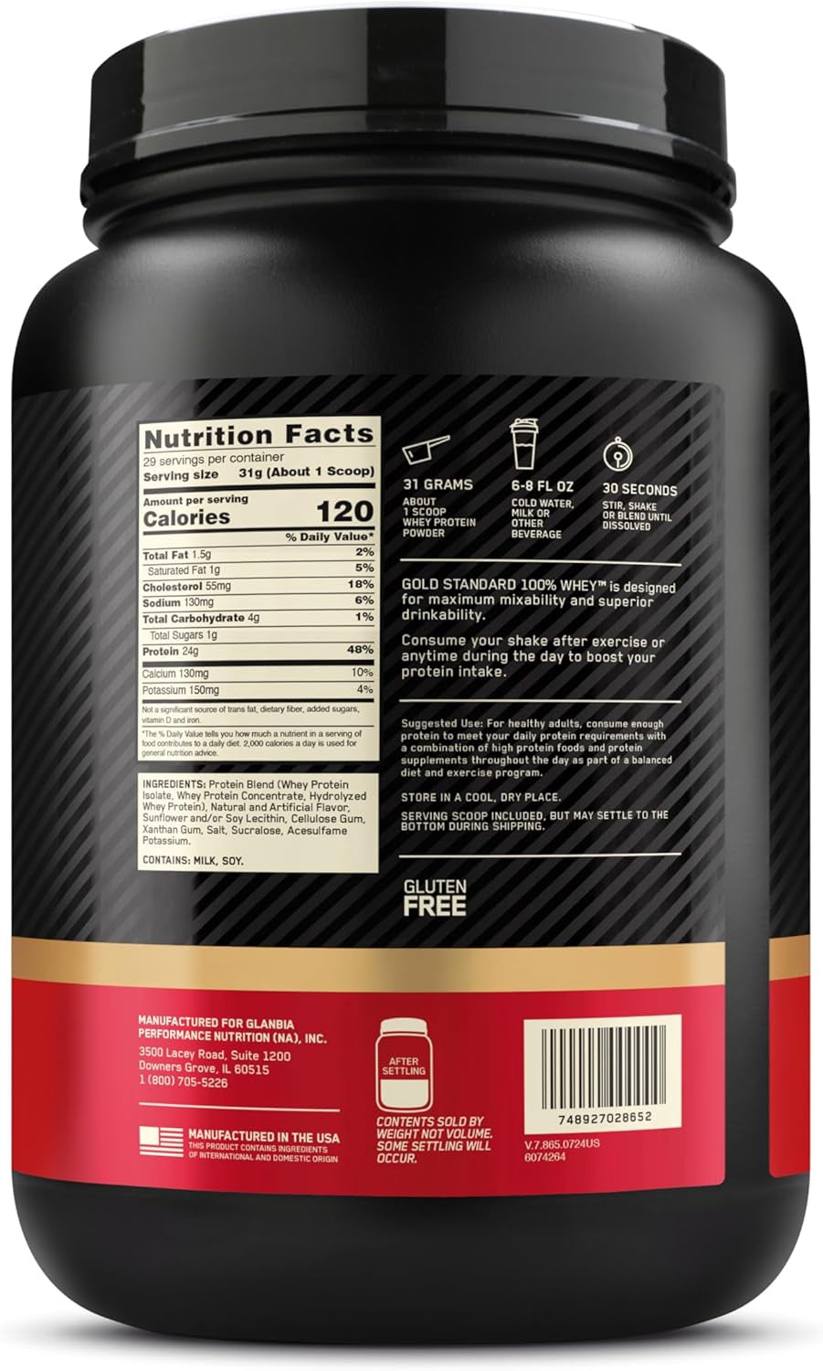 OPTIMUM NUTRITION Supplement Gold Standard Whey Protein Powder Vanilla Ice Cream 2LB
