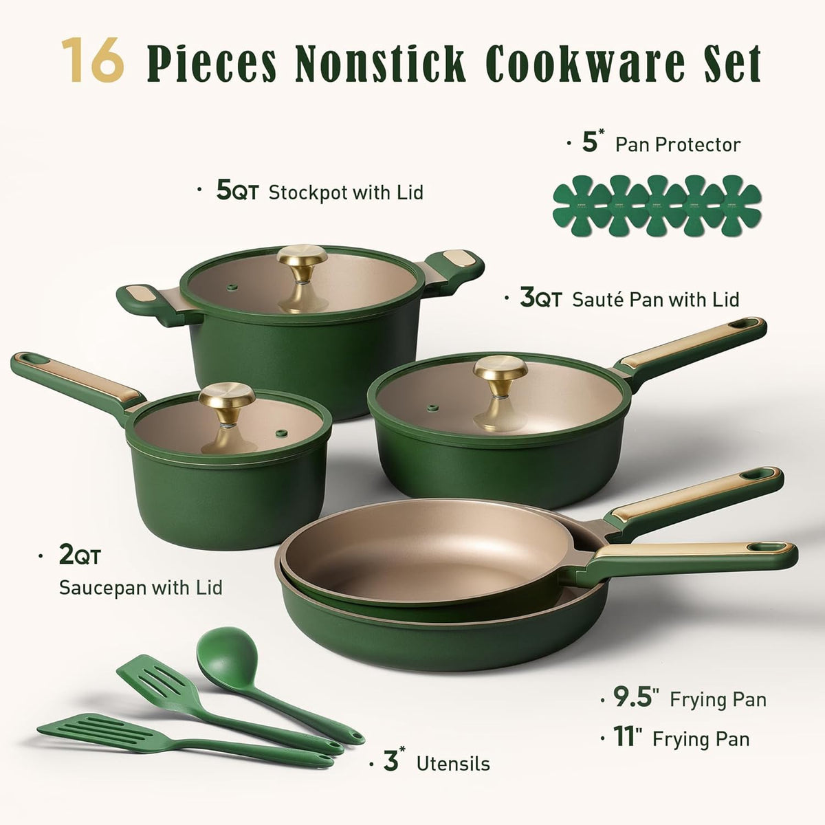 CAROTE Pot Set Non Stick 16PCS Green