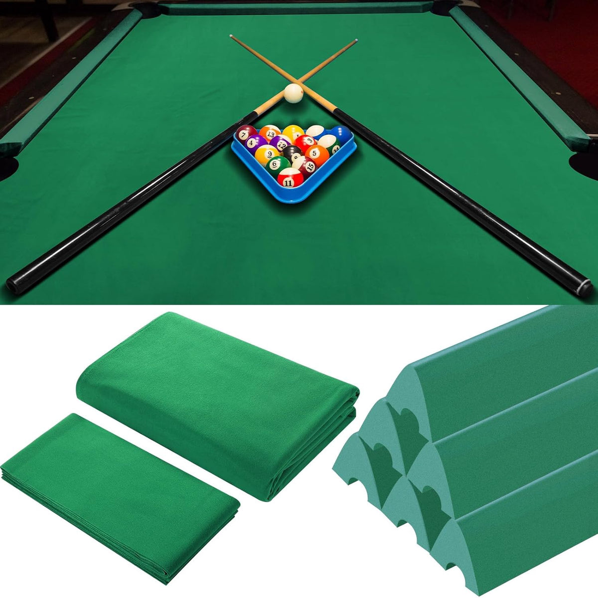 Pool Cloth Green 8FT Pre Cut Felt with 6PCS Rubber Bumper