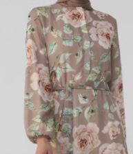 Dress Floral Taupe with Pink, Green Leaves