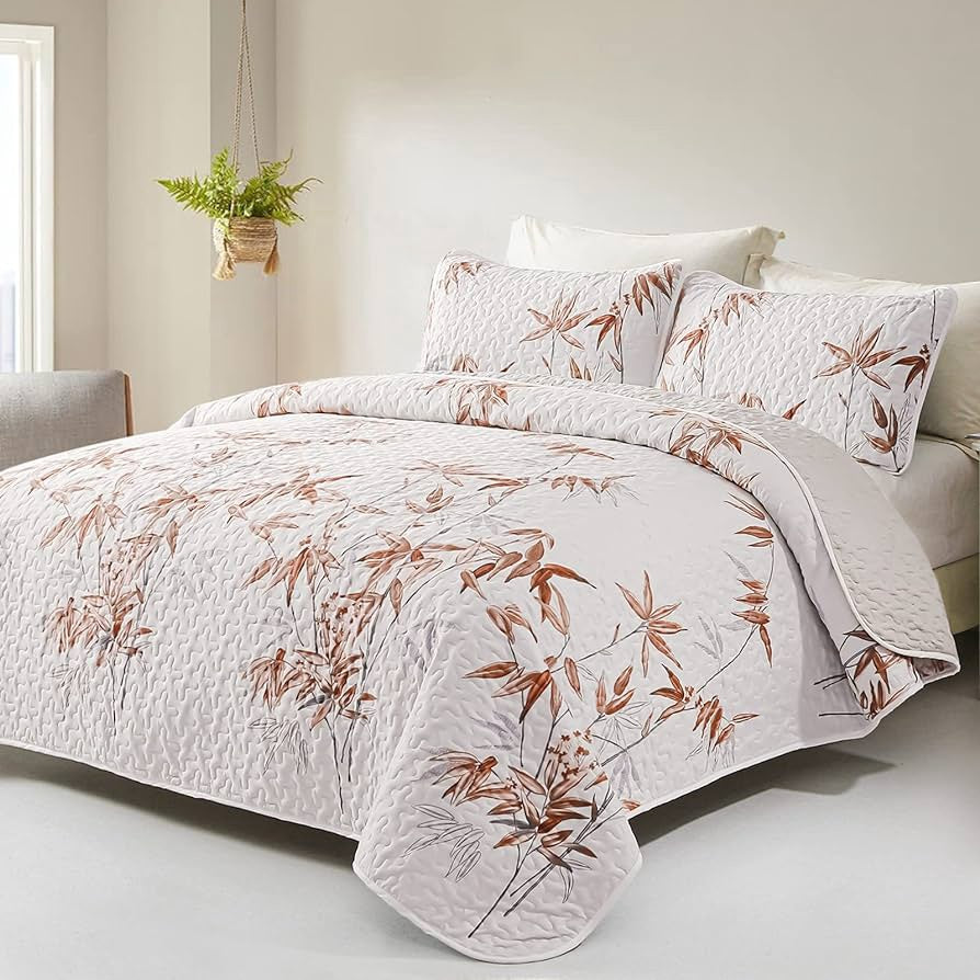 Quilt Set Lightweight King / Queen Botanical 3PC White & Burnt Orange