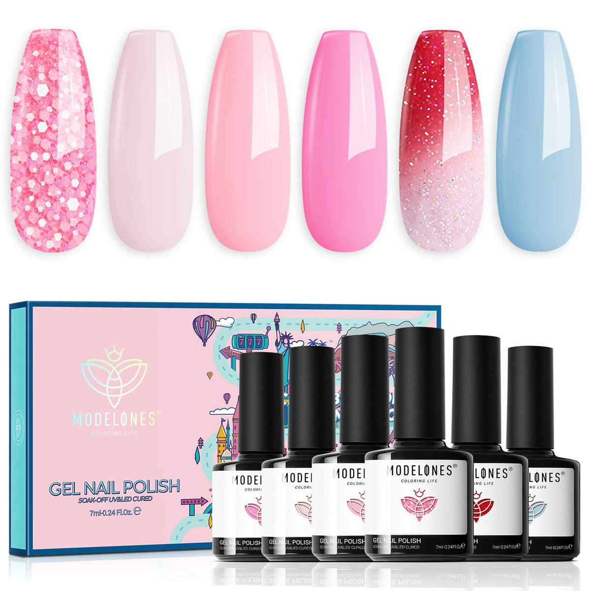 MODELONES Nail Gel Polish Set, 6 Colors Cherry Blossom