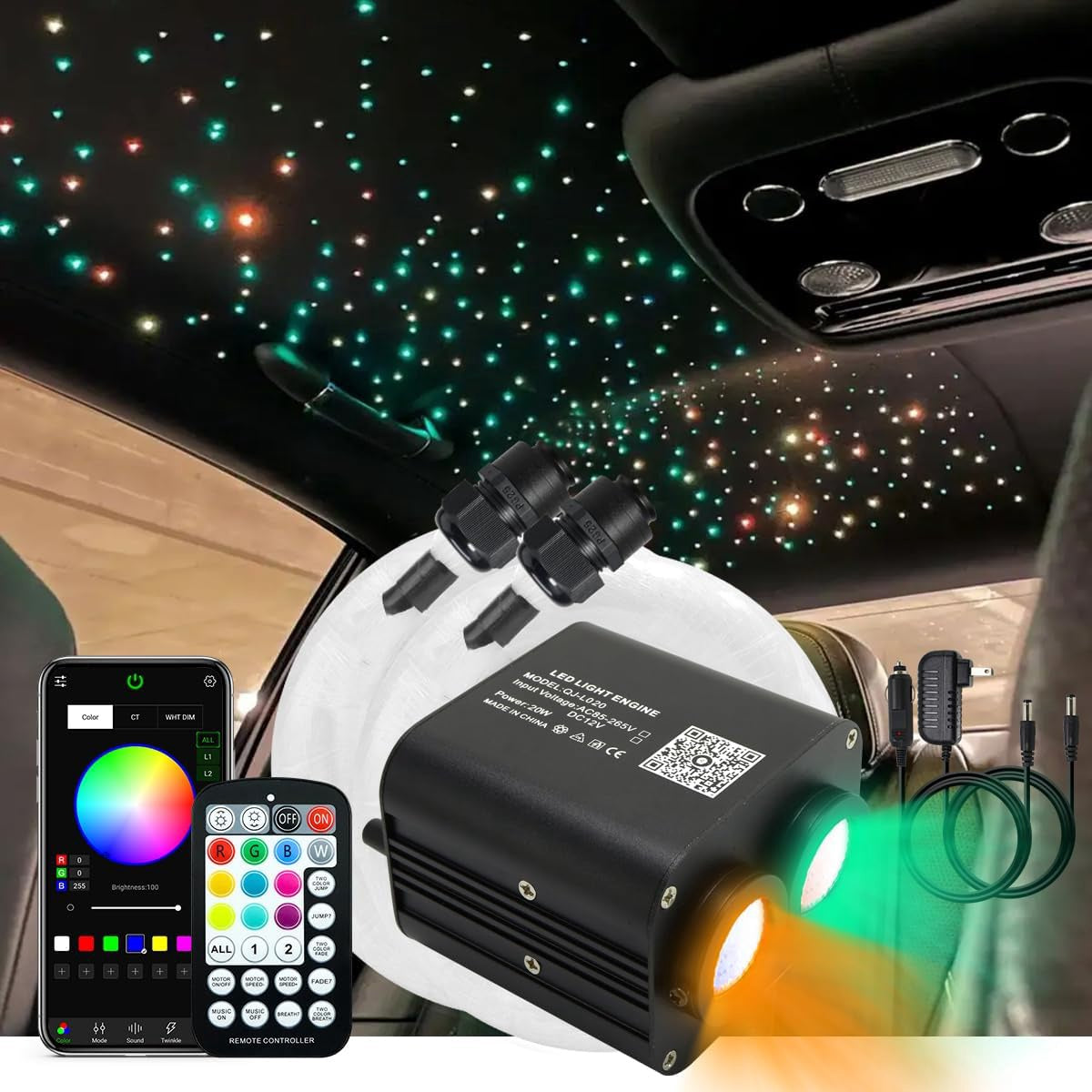 Car LED Fiber Optic Light Kit 750PCS of 9.8FT Mixed Strands 20W Akepo