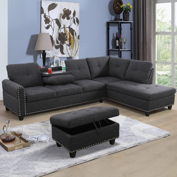 Sofa Sectional Modern W/ Cup Holder & Ottoman Grey 4031A