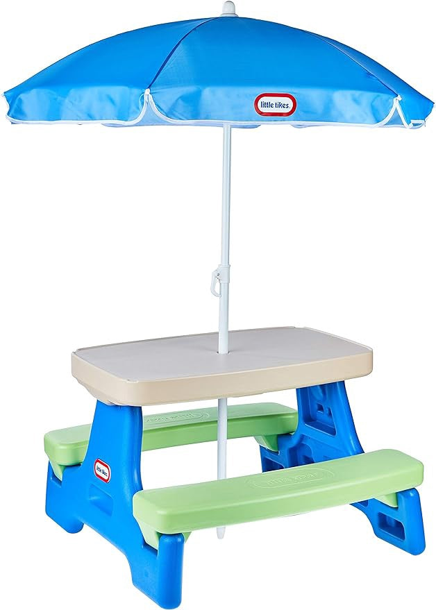 LITTLE TIKES Picnic Table Easy Store Blue Green W/UMBRELLA