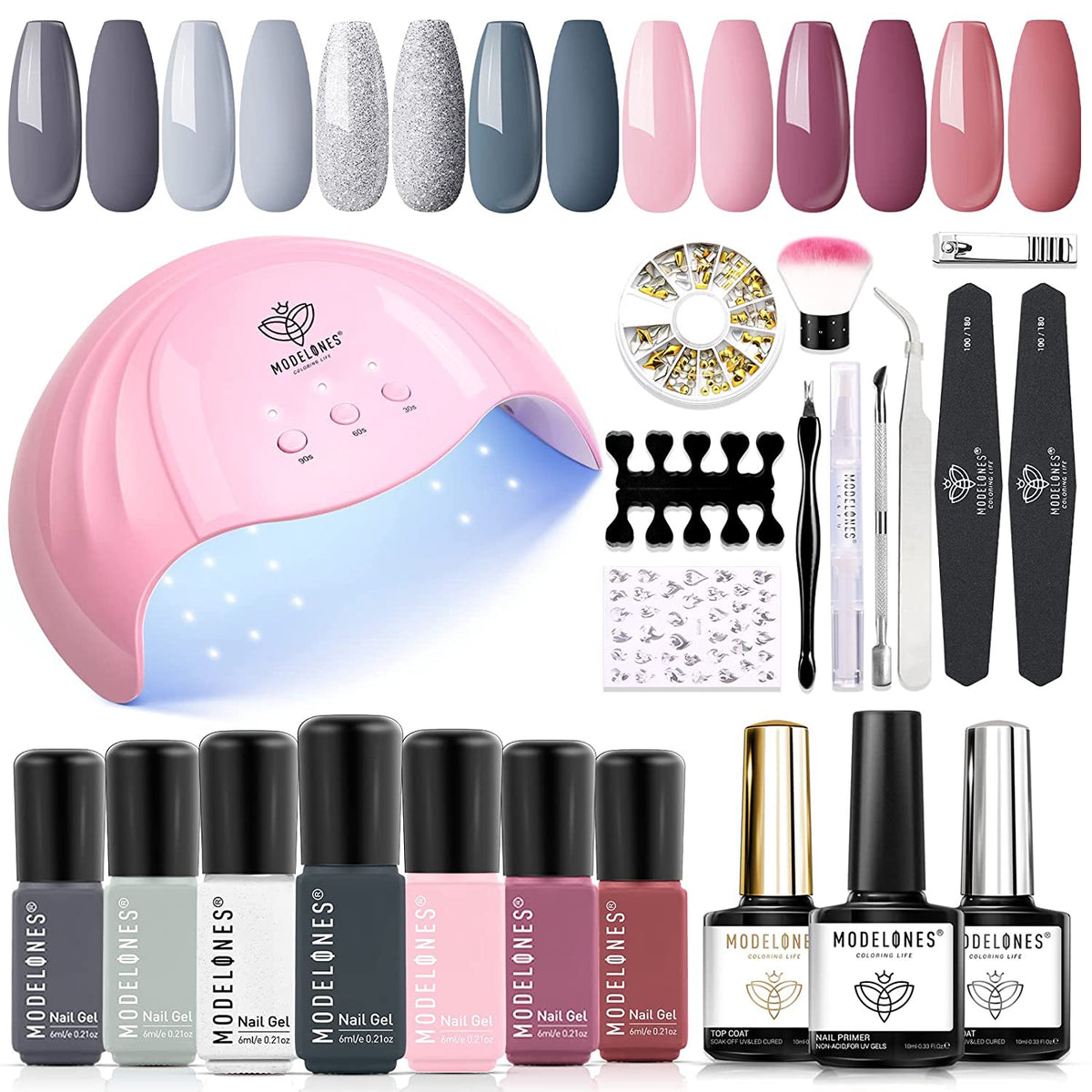 MODELONES Nail Gel Polish Kit with 48W LED Lamp & 7 Colors (Grey)