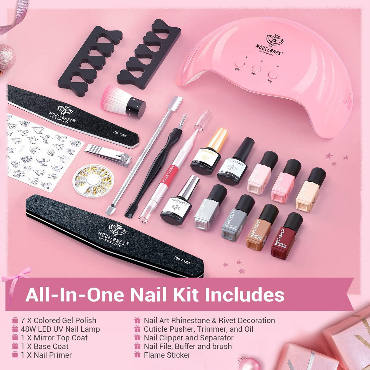MODELONES Nail Gel Polish Kit with 48W LED Lamp & 7 Colors Soak Off Gel Polish (Blk Box)