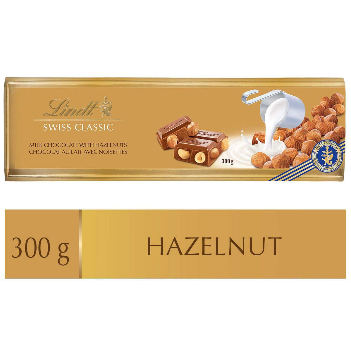 LINDT Swiss Classic Gold Hazelnut Milk Chocolate Bar 300G