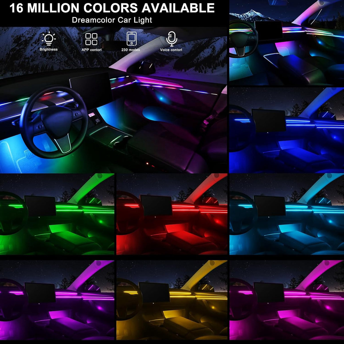 Car LED Ambient Light Atmosphere Strip Rgb App Control 18IN1 175"