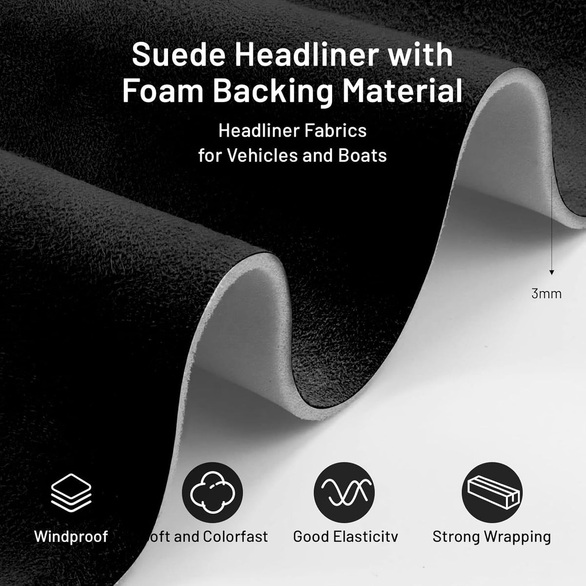 Car Auto Headliner Fabric 98"L X 60"W Black Suede with Foam Backing Hiksuky