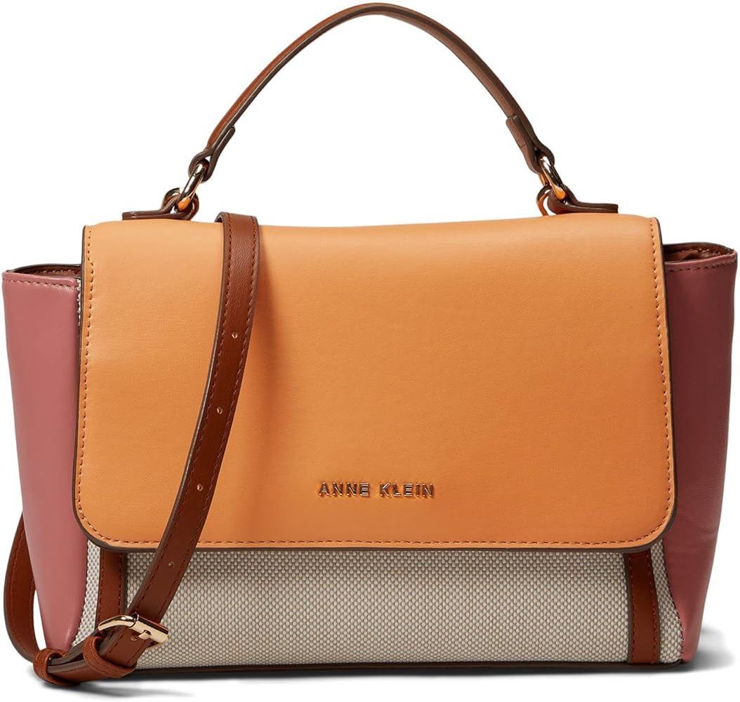 ANNE KLEIN Bag Satchel Color Blocked Canvas Flap Tan / Navy