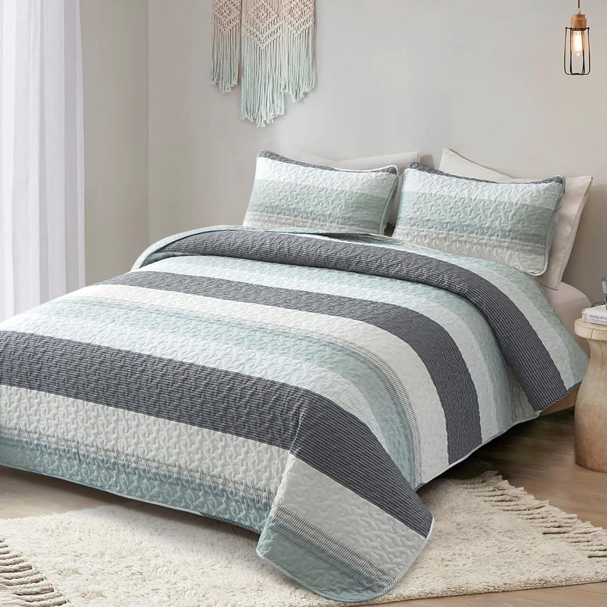 Quilt Set Stripe Queen 3PC Mint Grey