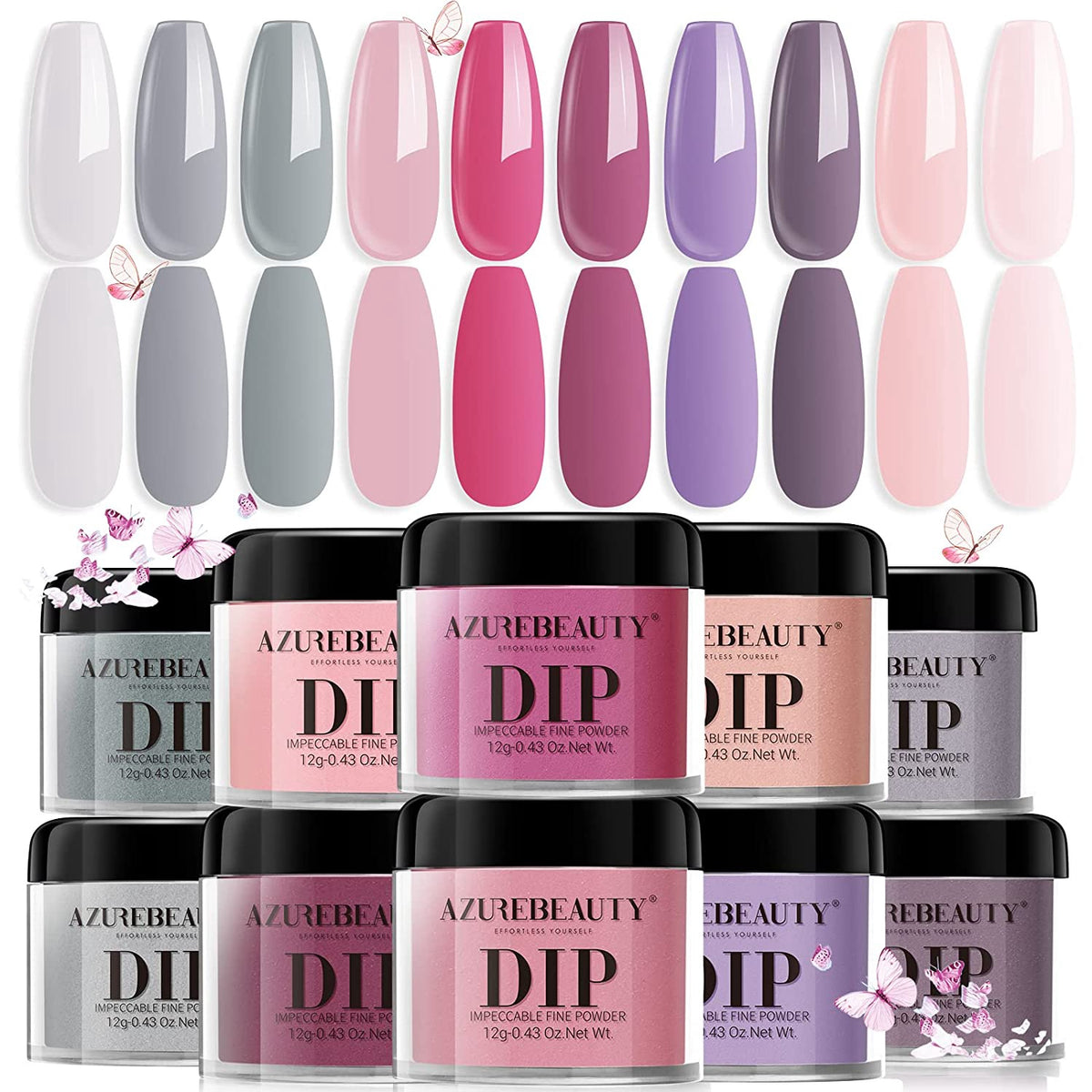 AZUREBEAUTY Nails Dip Powder Kit 10 Colors Nude Pink Grey/ Glitter Red & Green