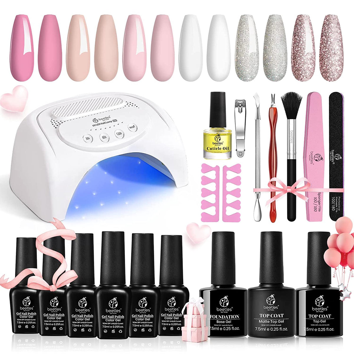 BEETLES Nails Gel Polish Kit W/ 48W Uv Lamp Pink French White