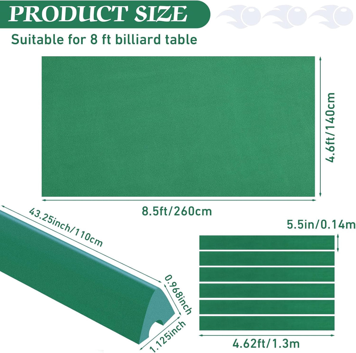 Pool Cloth Green 8FT Pre Cut Felt with 6PCS Rubber Bumper