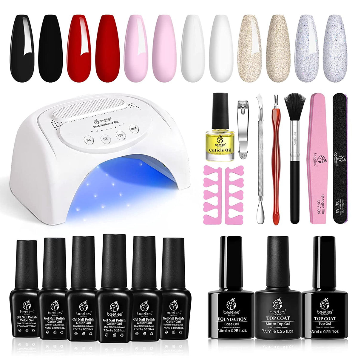 BEETLES Nails Gel Polish Kit W/ 48W Uv Lamp BLACK/RED