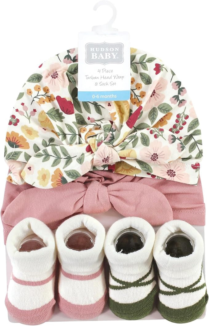 HUDSON BABY Baby Socks & Turban Set Hudson Floral / Leopard / Rainbow