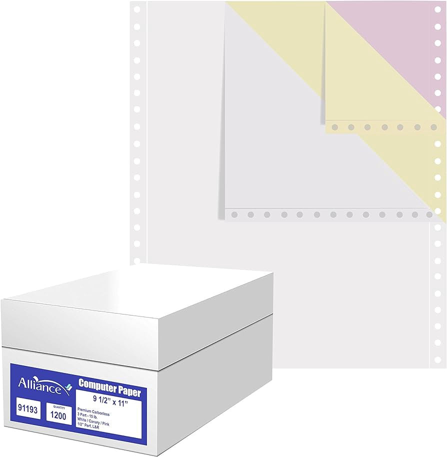 ALLIANCE Computer Printer Paper 9 1/2" X 11 3-PLY 91193 1200PCS Premium Carbonless White Canary Pink