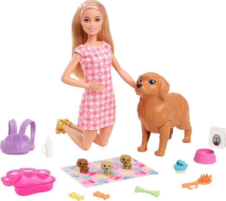 BARBIE Toy Doll with Mommy Dog, Puppies & Accessories