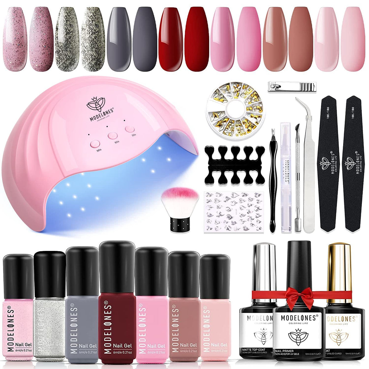MODELONES Nail Gel Polish Kit with 48W LED Lamp & 7 Colors Soak Off Gel Polish (Blk Box)